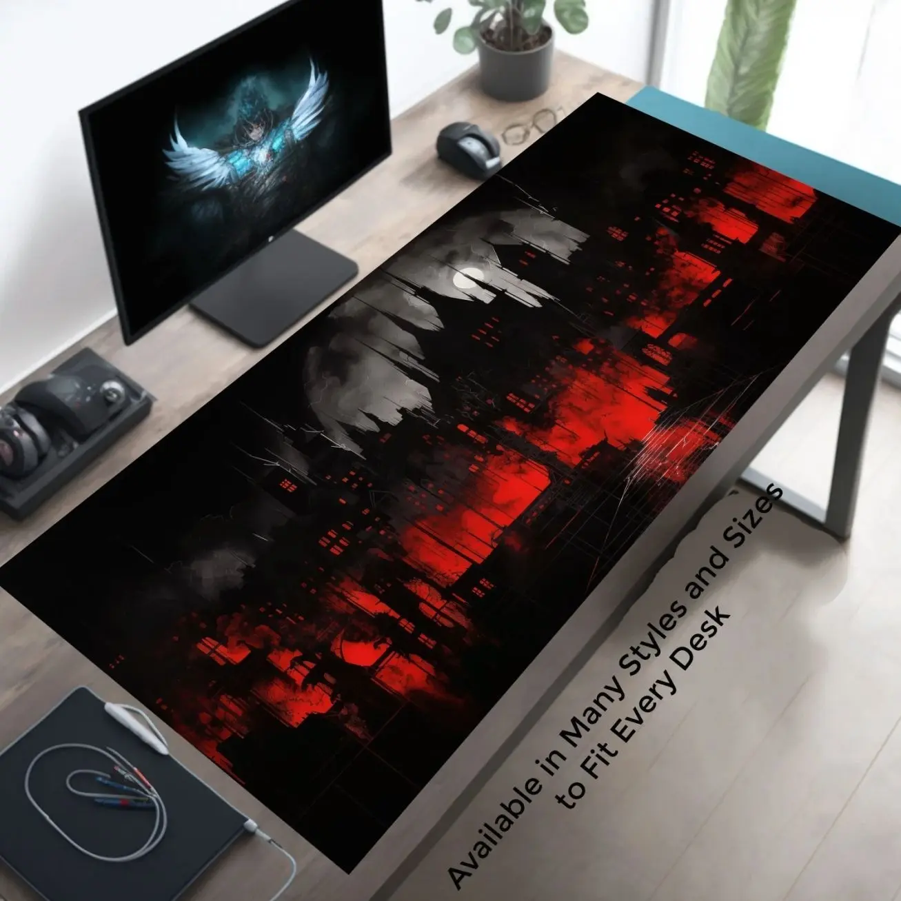 Horror Desk Decor, Gothic Town at Night, Red and Black Desk Mat Mousepad XL, Dark Moody Mouse Pad, Goth Aesthetic Desk Pad
