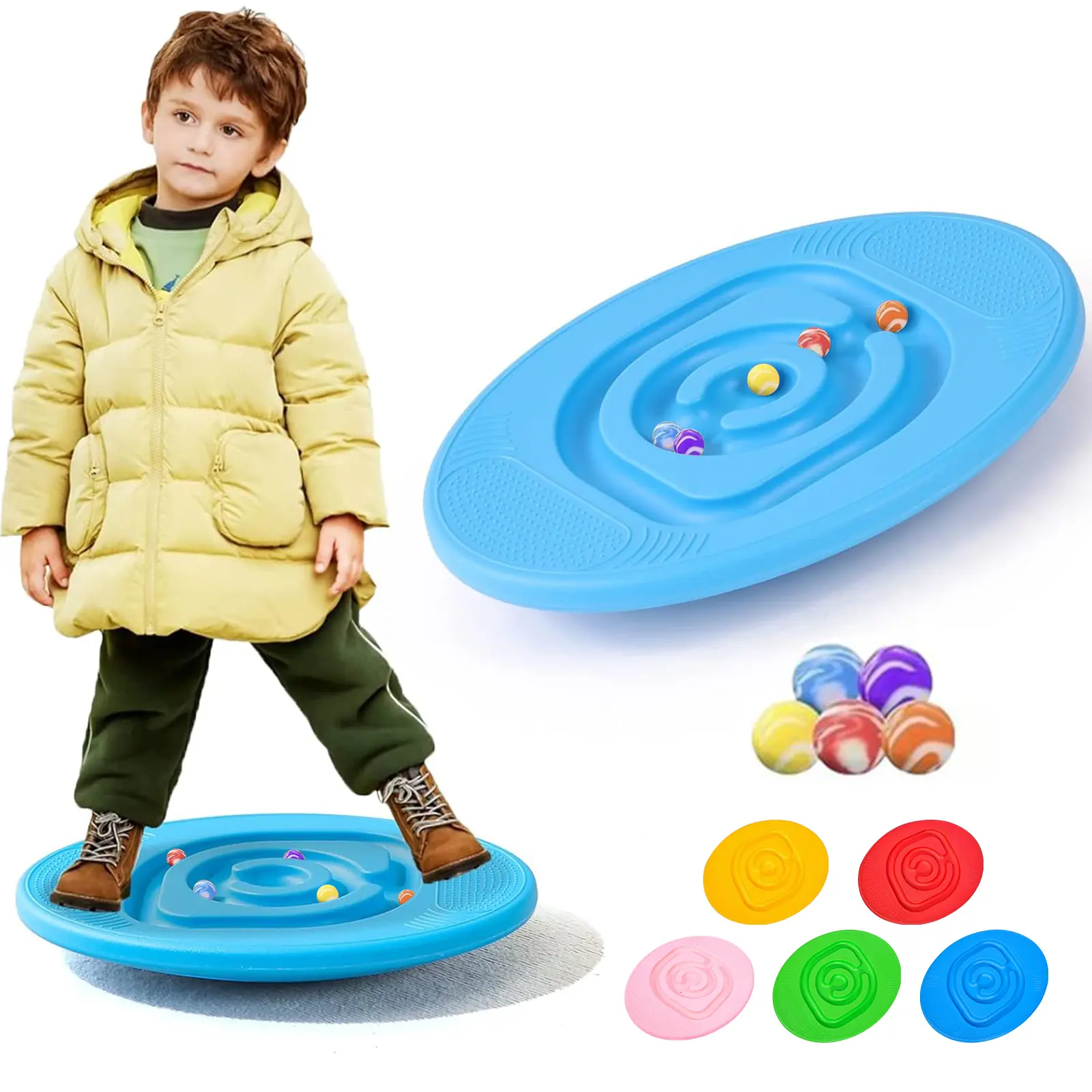 Balance Board with Maze for Kids, 18 inch Labyrinth Wobble Board Rocking Seesaw Sensory Training with 5 Balls, Non-Slip Pedals Indoor Outdoor for Boys Girls
