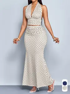 Summer Elegant Sexy Chic Women's Polka Dot Crop Halter Top Set with High Waist Slim Fit Skirt, Casual for Vacation Travel Party Date