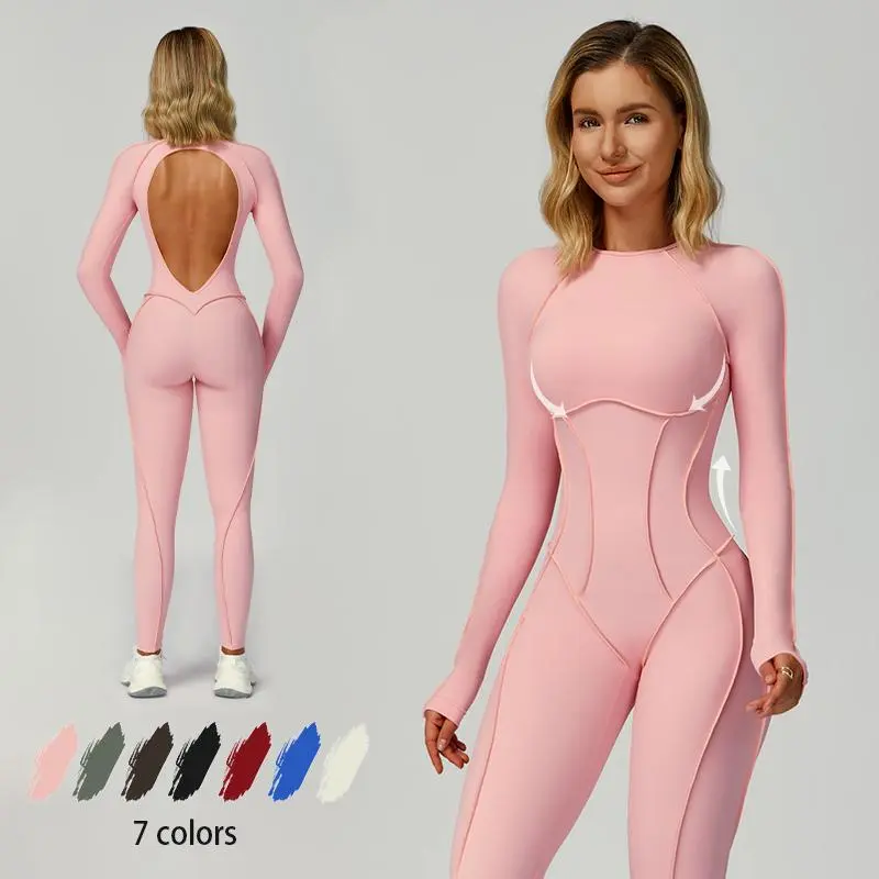 NVWA Women's Seamless Knit Nylon-Spandex Tummy Control Jumpsuit - Backless, Compression Long Sleeve, Sporty Comfy Workout Romper Overalls with Tennis Skirt, Shorts, Tie-Front Tracksuit for Gym, Hiking Workout Gym Clothing,summerwins