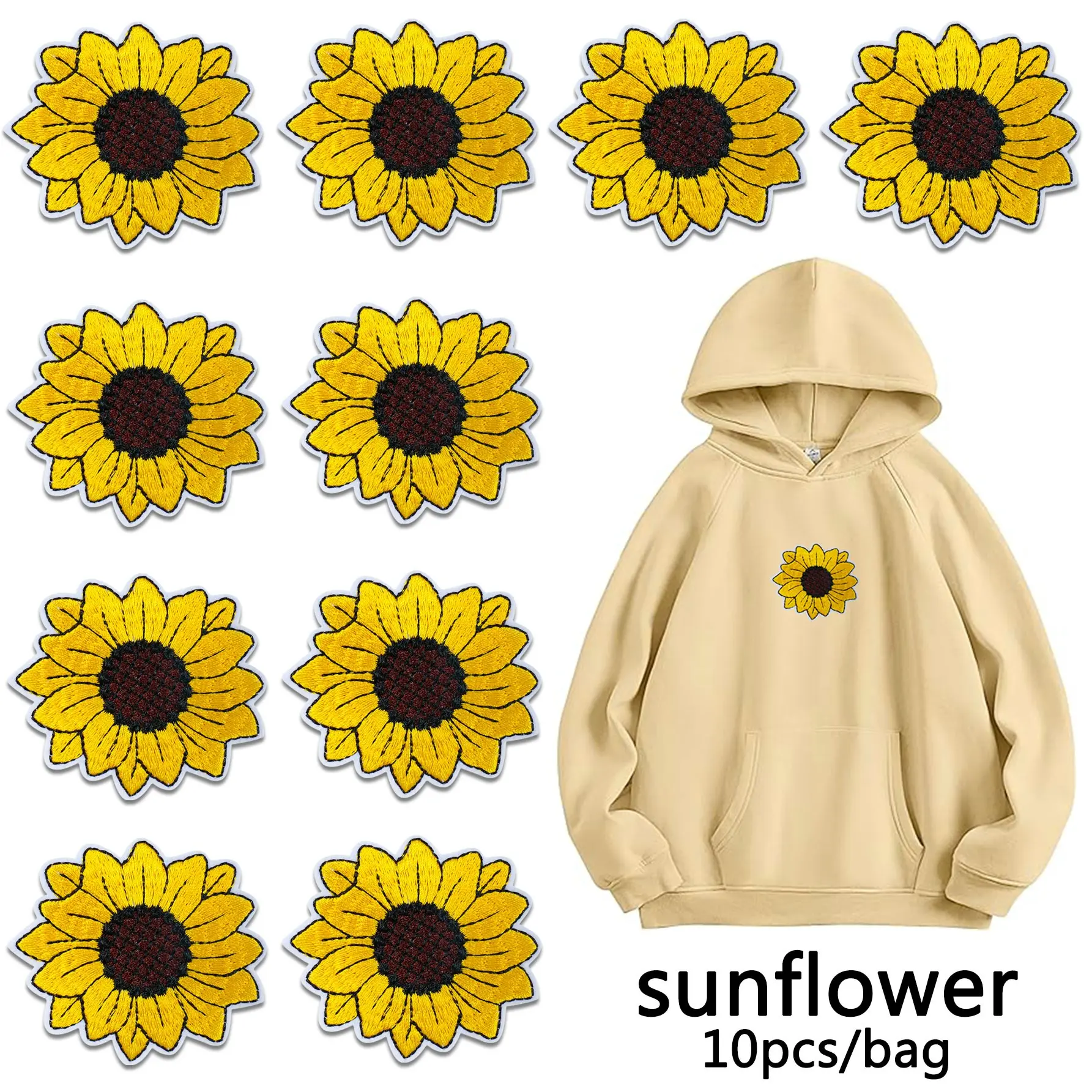 10pcs Sunflower Embroidery Patches, Appliques Embellishments, Clothes Hats Pants Shoes Curtain Sewing Decorations, DIY Craft Supplies for Home Decoration