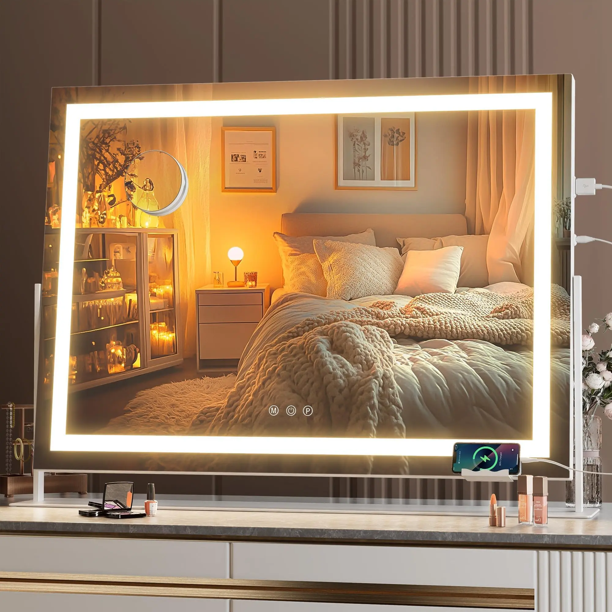 Hasipu Modern LED Vanity Mirror - 28"x20" Rectangular Premium Glass Tabletop Makeup Grooming Mirror, Home Decor, 192 Built-in LEDs, 10X Magnification, Phone Holder, USB Charging Port, Smart Touch 3-Color Dimmable Lights, 360° Rotate (White)