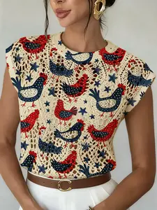 Spring Summer Elegant Women's Rooster Animal Star Polka Dot Colorblock Print Round Neck Sweater, Casual Loose Fit Knit Top