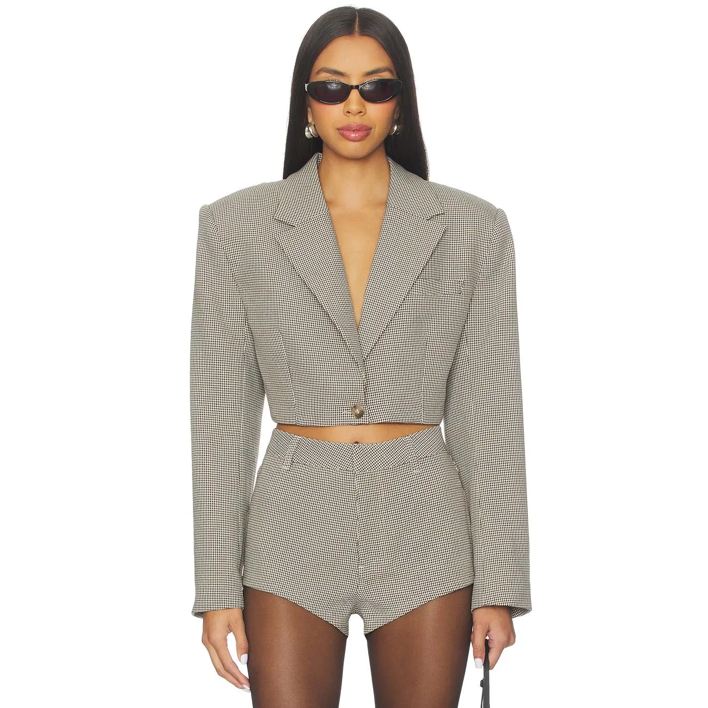 AFRM Petra Cropped Blazer in Black Cream Houndstooth