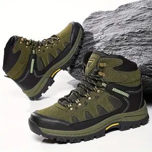Men's High-Top Fashion Hiking Boots-Comfortable and Durable, Non-Slip TPR Sole, Lace-up Closure, Green and Black Camouflage Pattern, Suitable for Outdoor Adventure, All Seasons Wear Waterproof Trekking Camping Shoes