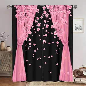 [2pcs Cherry Blossom Curtains] 2pcs Romantic Pink Cherry Blossom Print Curtains Window Curtain | Semi-Transparent Polyester, Rod Pocket, Machine Washable | Elegant Spring Decor for Bedroom, Study, Japanese Tea Room, Living Room