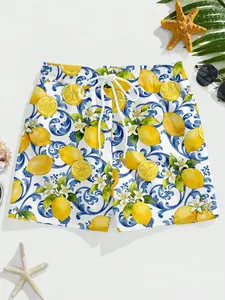 Lemon Print Shorts for Summer, Blue Pattern + Bright Lemon Design, Fresh and Eye-Catching, Perfect for Warm Weather