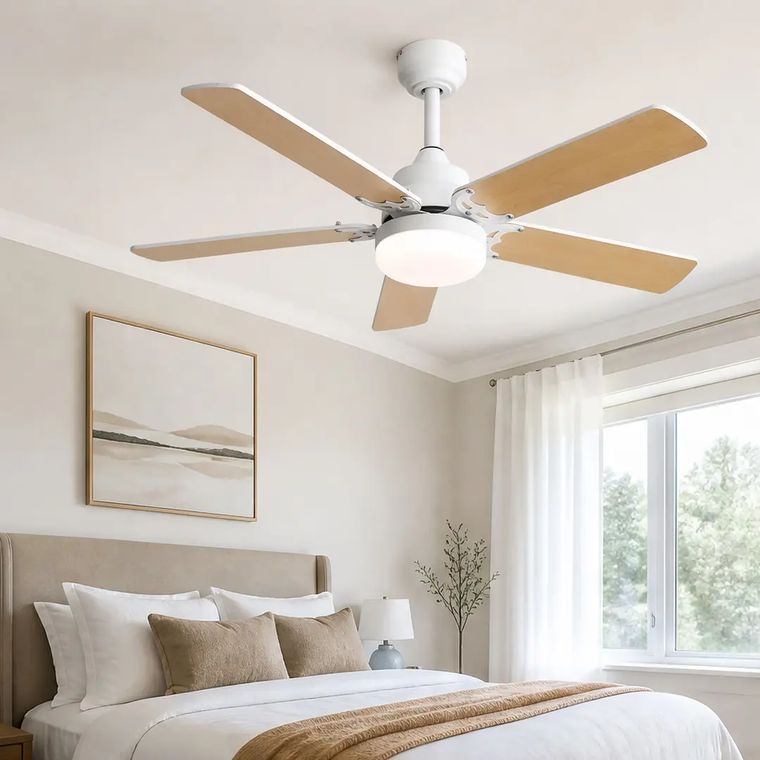 42 Inch Modern Ceiling Fan with LED Light and Remote Control, 5 Blades Reversible DC Motor, Quiet Energy Efficient Fan for Living Room Bedroom, White MDF Multiple Color Options, Black/Nickel/White Color Options, MDF Material, Color: White