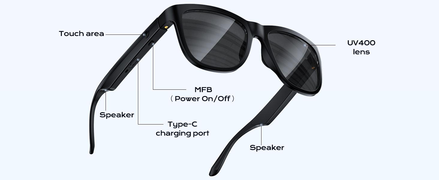 Smart Bluetooth Glasses,Built-in Mic & Speakers,Smart Wireless Headphone Sunglasses for Men and Women,Athletic/Outdoor UV Protection and Voice Control,Unisex(Black)