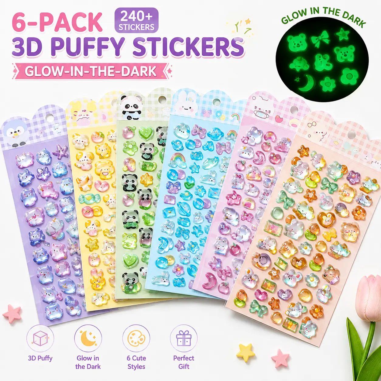 6-Pack 3D Puffy Decal Stickers - Glow-in-the-Dark Animal Illustration Scenestickers, Phone Decor Collectible for Scrapbooking, Phone Cases, DIY Crafts