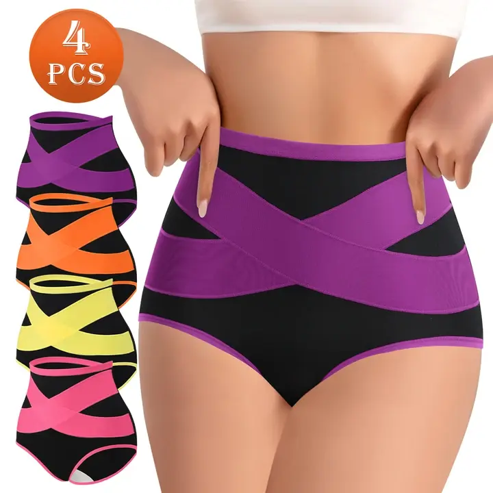QUASTI Women's Panties 4-Pack, Crossover High-Waisted Briefs with Tummy Control & Hip Lift, Soft Color Block Polyester Essentials