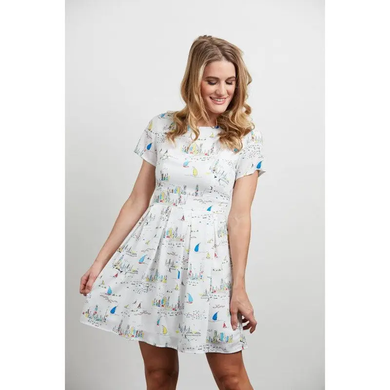 Urban City Print Crew Neckline White Dress