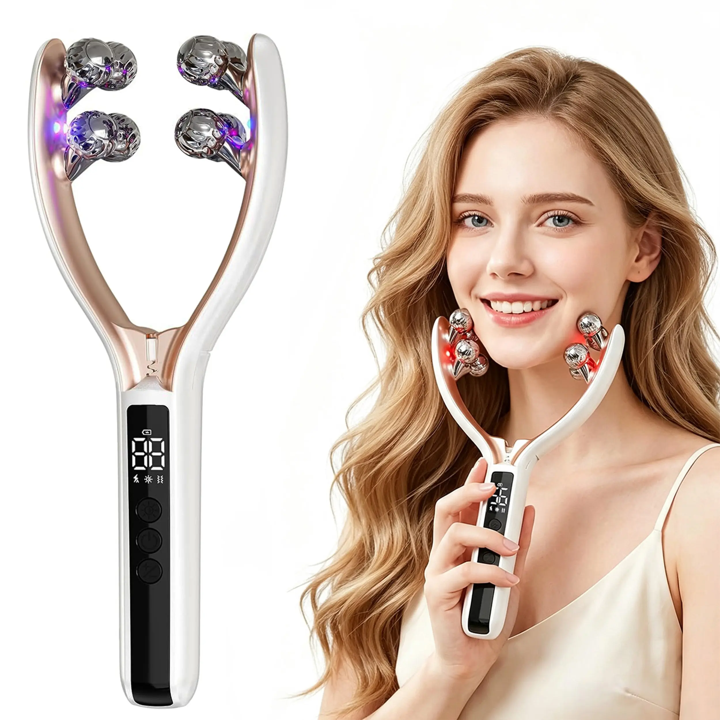 5-in-1 Adjustable Electric Face & Neck Massager Roller - Unscented, Soothing Gentle Device with Red-Blue Light, Vibration, Heating, Firming Lift - Daily Beauty Care Tool for Face/Neck/Body, Gift for Women with Dullness Concerns