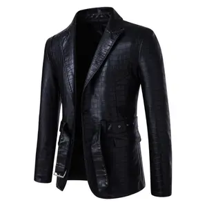 Men’s Stylish Black Croc-Patterned Jacket — Casual blazer with double-breasted buttons, long sleeves, and an adjustable waist belt; versatile jacket | Double-breasted jacket | Durable woven fabric suit collar menswear polyester