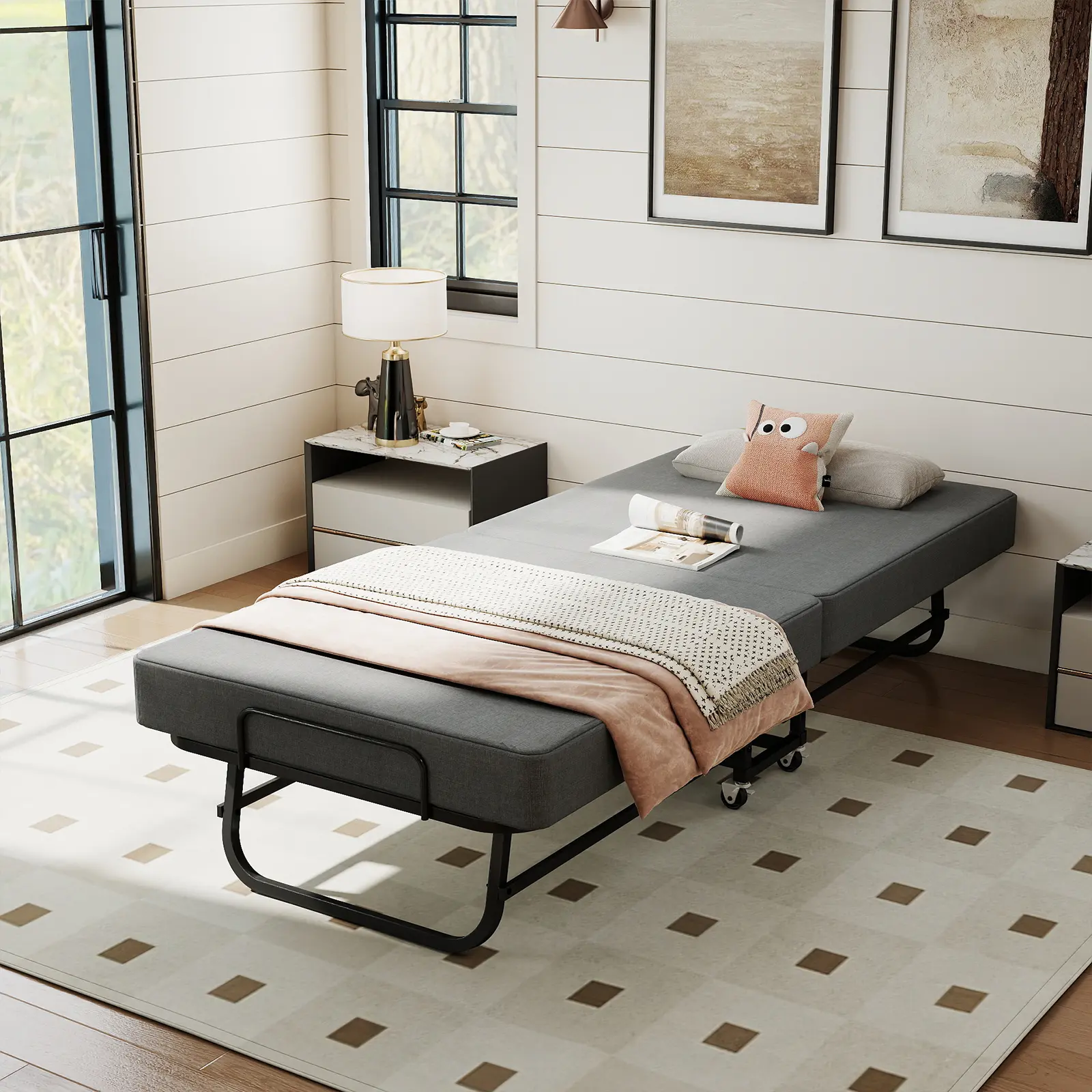 75‑Inch Folding Bed with Memory Foam Mattress, Portable Guest Bed with 4 Lockable Wheels, Reinforced Steel Frame Holds up to 450 lbs, Upright Folding Space‑Saving Bed for Small Apartments & Guest Rooms