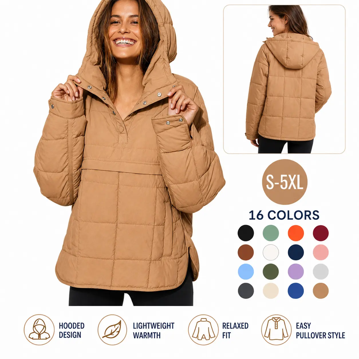 Women Hooded Pullover Puffer Jacket, Lightweight Quilted Warm Coat, Half Snap Button Relaxed Fit Winter Outerwear, Loose Square Grid Padded Sweatshirt Style Jacket, S-5XL Plus Size