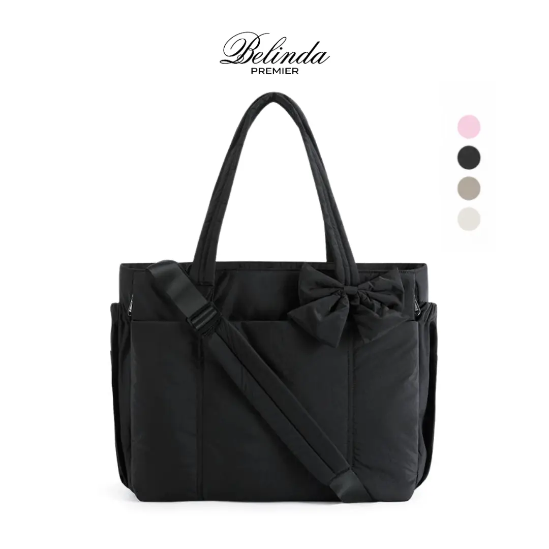 BELINDA Crush Bow Tote Bag for Women, Large Work Tote Bags, Lightweight Travel Tote Bag, 15.6" Laptop Puffy Tote Bag with Removable Bow & Multiple Compartments for Travel Work Beach Gym 20L Capacity