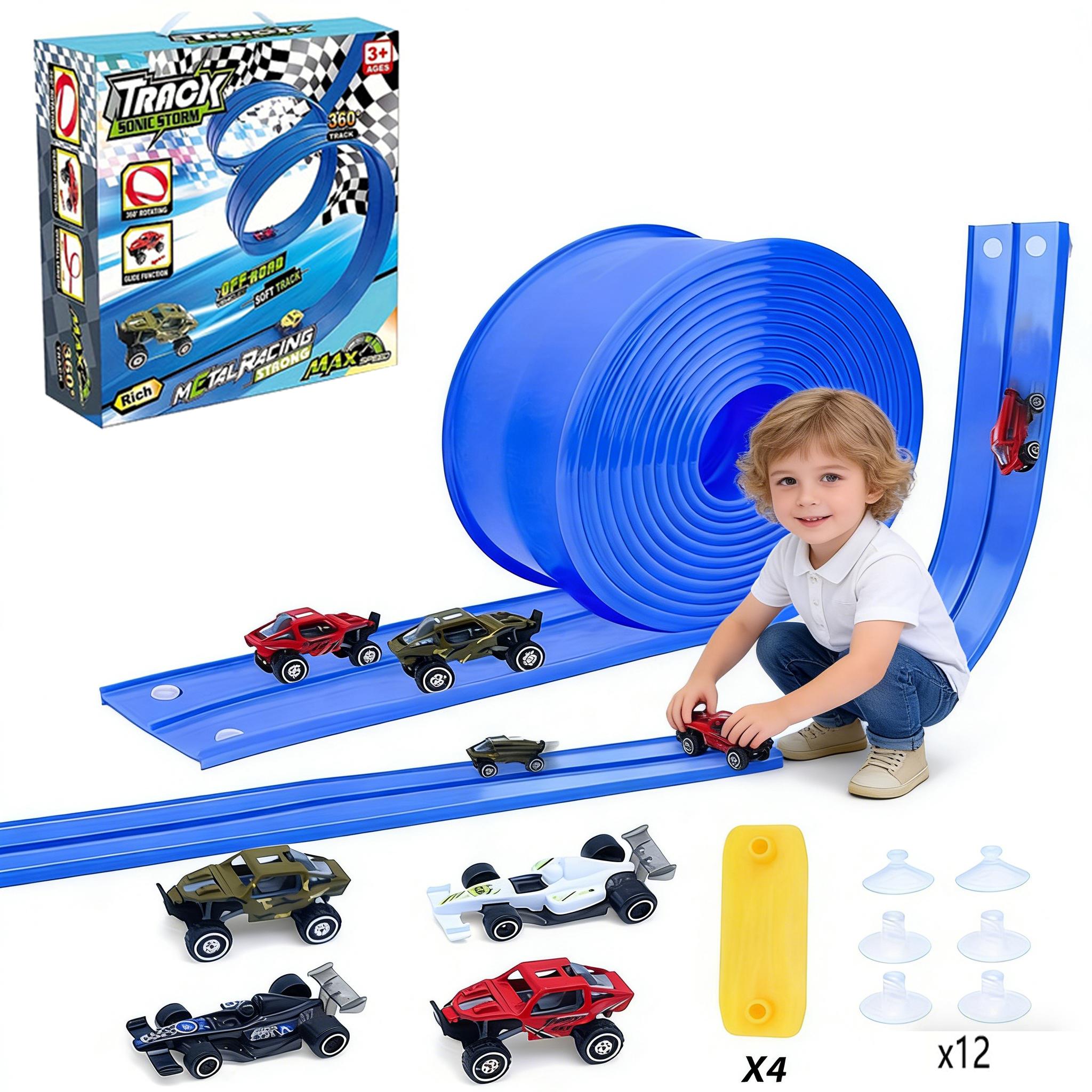 12.8 ft children’s elastic racing track, 1:64 die-cast racing toys, roll-up portable racing track, includes 4 cars and suction cups, birthday and Christmas gift for boys and girls ages 3+.