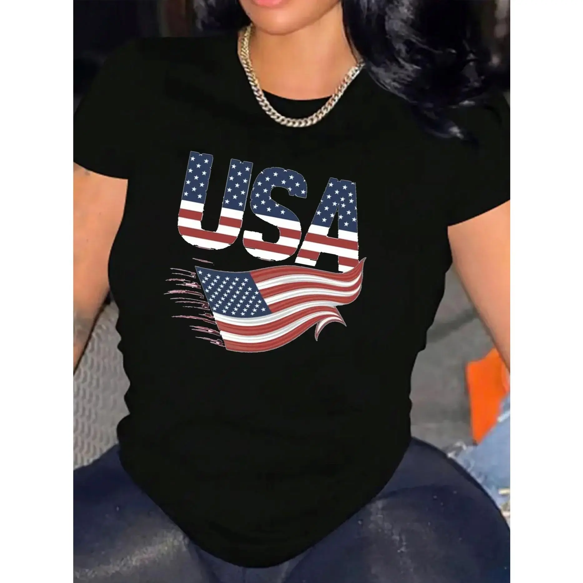Flag USA T-Shirt For Women Casual Short Sleeve Tee 1 Pcs 100% Heavy Cotton - Comfortable Crew Neck, Soft Adorable Tees Tops