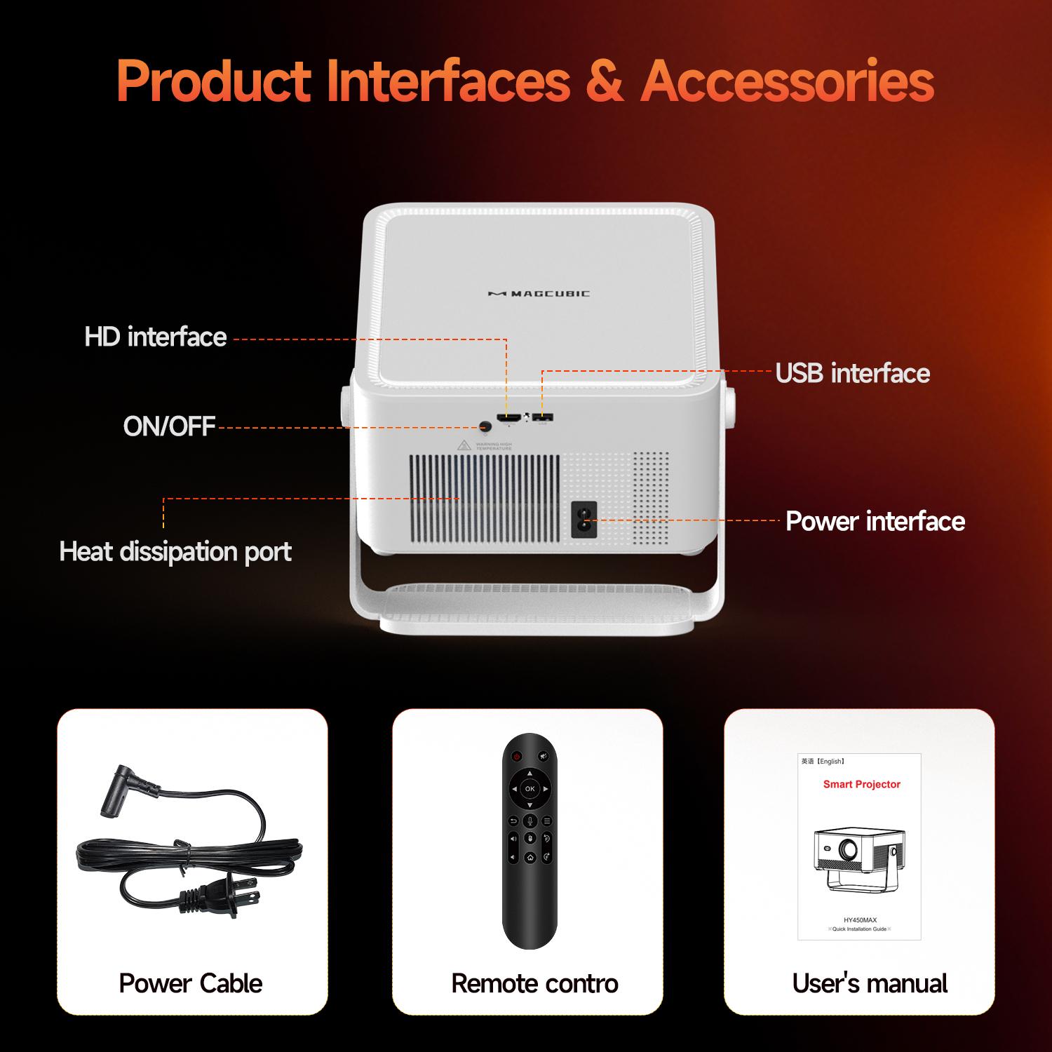 Magcubic HY450MAX 1100ANSI Projector 8K Decode Auto Focus 12W Speaker HDR10+ Android 14.0 Dual WiFi6 BT5.4 Fully Automatic Keystone 1.0:1 Throw Ratio Screen Recognize & Automatic Obstacle Avoidance Home Cinema, Movienight