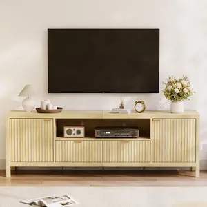 Mid Century Modern Fluted TV Stand for 65/75 Inch TV Natural Wood Finish Entertainment Center with Storage Cabinets Living Room Media Console