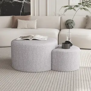Upholstered Nesting Coffee Tables (Set of 2), Side Table, Footrest, Ottoman & Seat for Living Room Bedroom Entryway Office, Beige Yarn Dyed Fabric Footstool With Storage, Foot Rest Stools