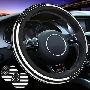 American Flag Black Steering Wheel Cover American Flag Vintage Steering Wheel Cover for Men Anti-Slip Breathable Universal for 14-15 Inch Car with 2 Pieces Car Coasters Suitable