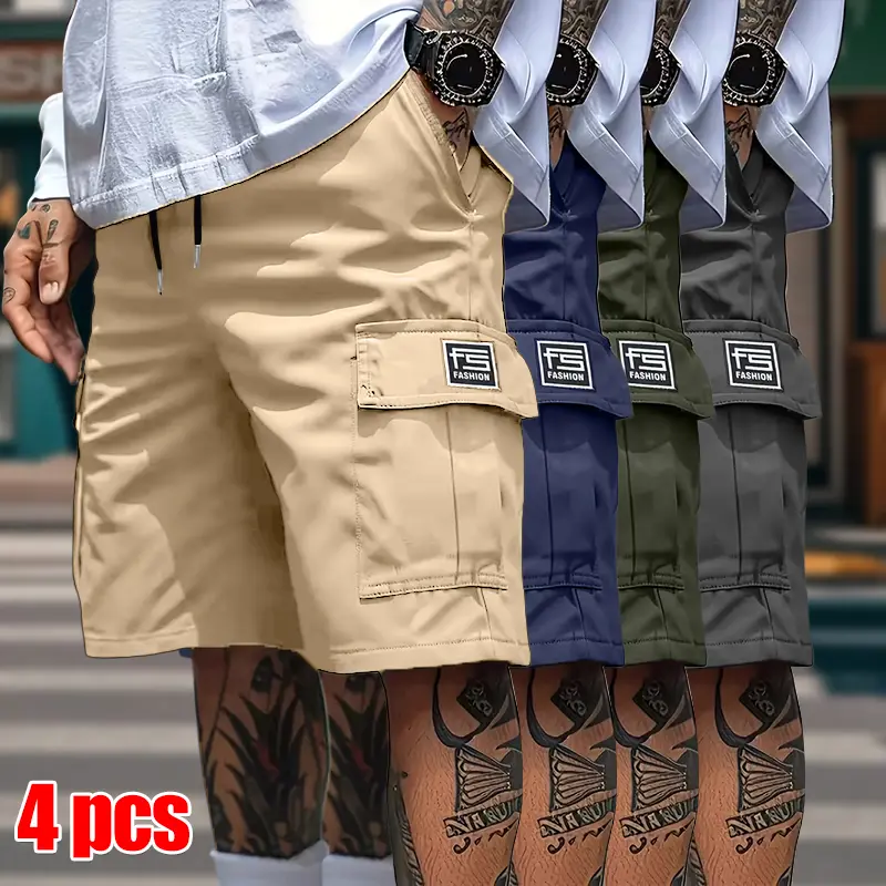 Men's Durable Work Shorts 4 Pack - Loose Fit Multi-Pocket Mid-Rise Non-Stretch Fabric for Construction Hiking Camping Machine Washable Outdoor Casual Shorts Sporty Style Heavy-Duty Design