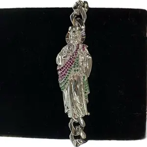 Silver 925 bracelet Italian  San Judas size 8 for men on solid Cuban link with secure clasp