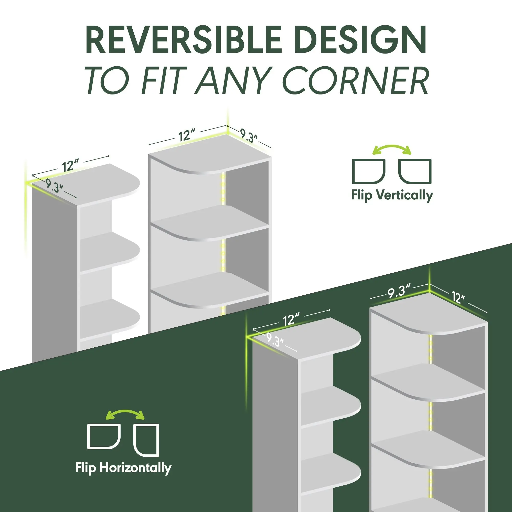 PASIR 4-Tier LED Open Corner Bookshelf with Lights, 8.8x12x41.4in Space-Saver Organiser, White Indoor Furniture Room Divider for Home Office Decor & Room Decor, Compact Home Organization Solution, 4-Tier Shelf