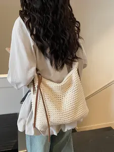 Women's Fashion Crochet Travel Bag, Woven Shoulder Bag with Leather Strap, Ideal for Daily Commute, Beach Vacation, and Travel