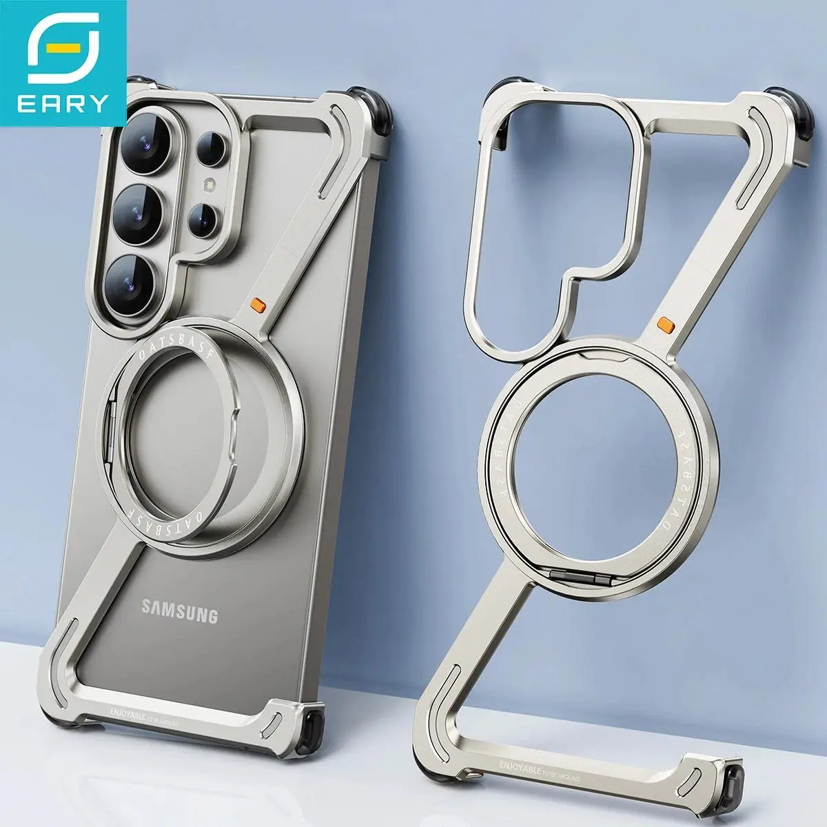 Frameless Metal Protective Case for Samsung Galaxy S26 Ultra Smartphone, Eary Z Shape, 360° Rotate Magnetic Stand, Shockproof Cover for Cellphone Handheld Devices & Mobile Accessories
