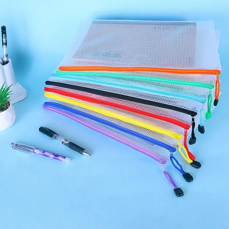 10pcs Mesh Zipper File Bag, Clear PVC Document Pouch, Waterproof Zippered Organizer for Office School Supplies, Multi-Purpose Storage Bag for Documents, Receipts, Stationery, Cosmetics, 22.5x12cm