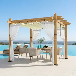 YJ-Garvee 10 x 10 ft Wood Grain Aluminum Pergola with Retractable Canopy & Netting,Elegant sturdy Outdoor Sun Shade Shelter for Patio, Garden, Backyard, Deck, UPF 50+ Protection – Beige