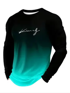 Men's Casual Basic Classic Long Sleeve Fitted T-Shirt, Ombre Gradient Color, Polyester Material, Round Neck, Letter Print Design, Streetwear