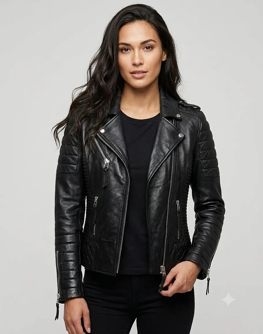 Deckra Women's Fitted Real Leather Biker Jacket - Chic Retro Cafe Racer Coat, Tops, Cowl, Long Sleeve, All Seasons Outerwear with Multiple Zipper Pockets, 2X Side Pockets, Brand New With Tags, Multi-Size