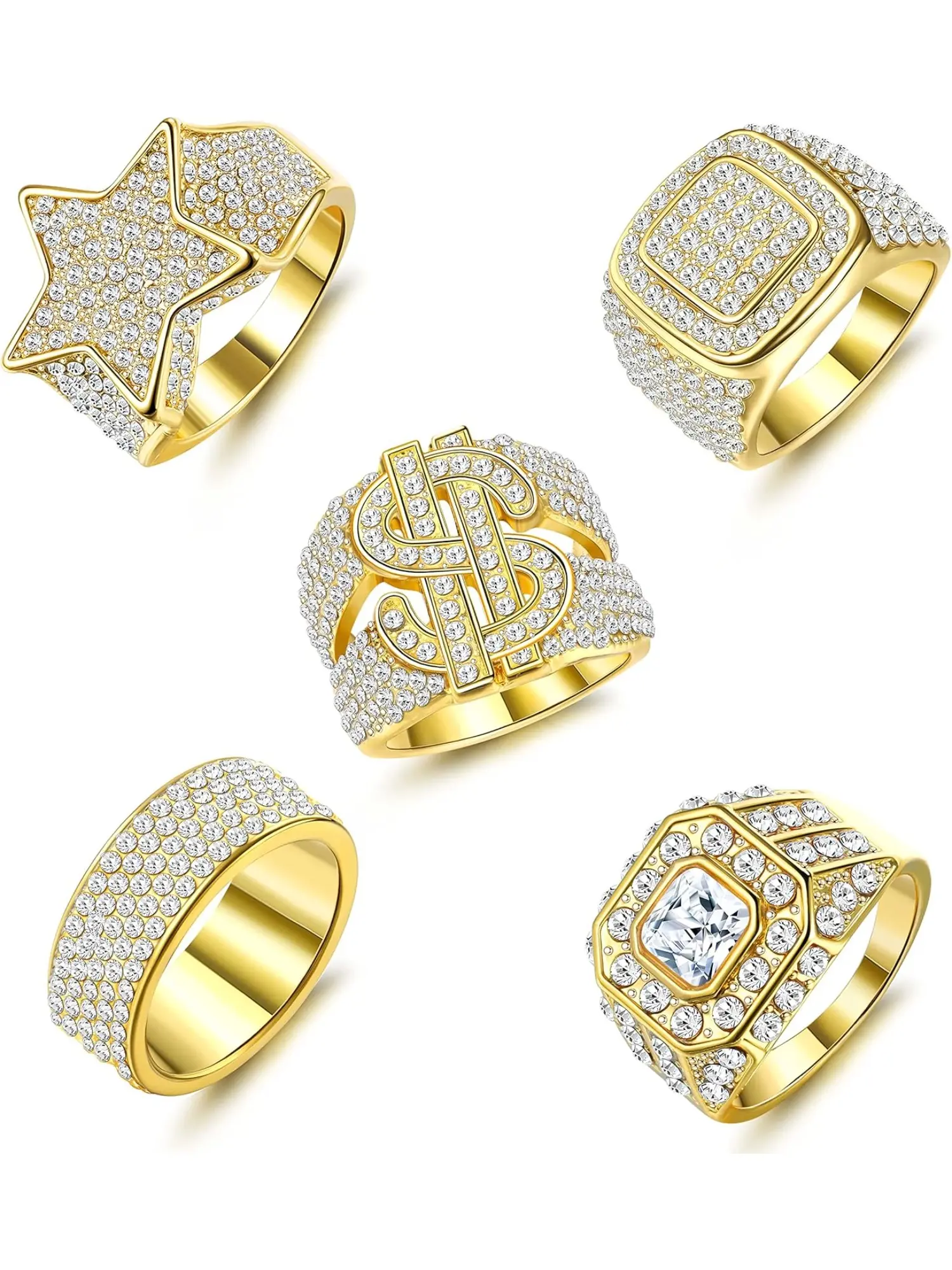5 Pcs Golden Bling Hip Hop Thumb Ring Assortment, Jewelry Rings, Statement Rings, for Women Men Dazzling CZ Star Shape Ring Classic Dollar Sign Totem Punky Rapper Street Aesthetic Luxurious Golden Design Brilliant Sparkling Zirconia Stunning Bling Glamour