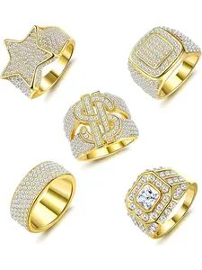 5 Pcs Golden Bling Hip Hop Thumb Ring Assortment for Women Men Dazzling CZ Fashionable Star Shape Classic Dollar Sign Totem Punky Rapper Street Aesthetic Luxurious Golden Design Brilliant Sparkling Zirconia Stunning Bling Glamour