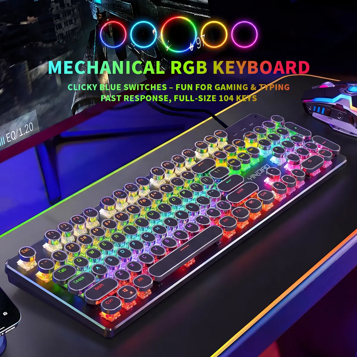 Wired Punk-Style Round ABS Keycaps Mechanical Gaming Keyboard - Ergonomic, RGB Backlit, USB Plug-and-Play, Full-Size, Blue Switches, Metal - Suitable for PC, Gaming Use