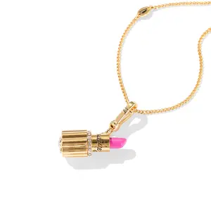DIY Pink Lipstick Pendant Necklace for Women, Removable Enamel Charm with Zircon, Gold Tone Copper Link Chain, Versatile Bag Charm Accessory, Creative Gift