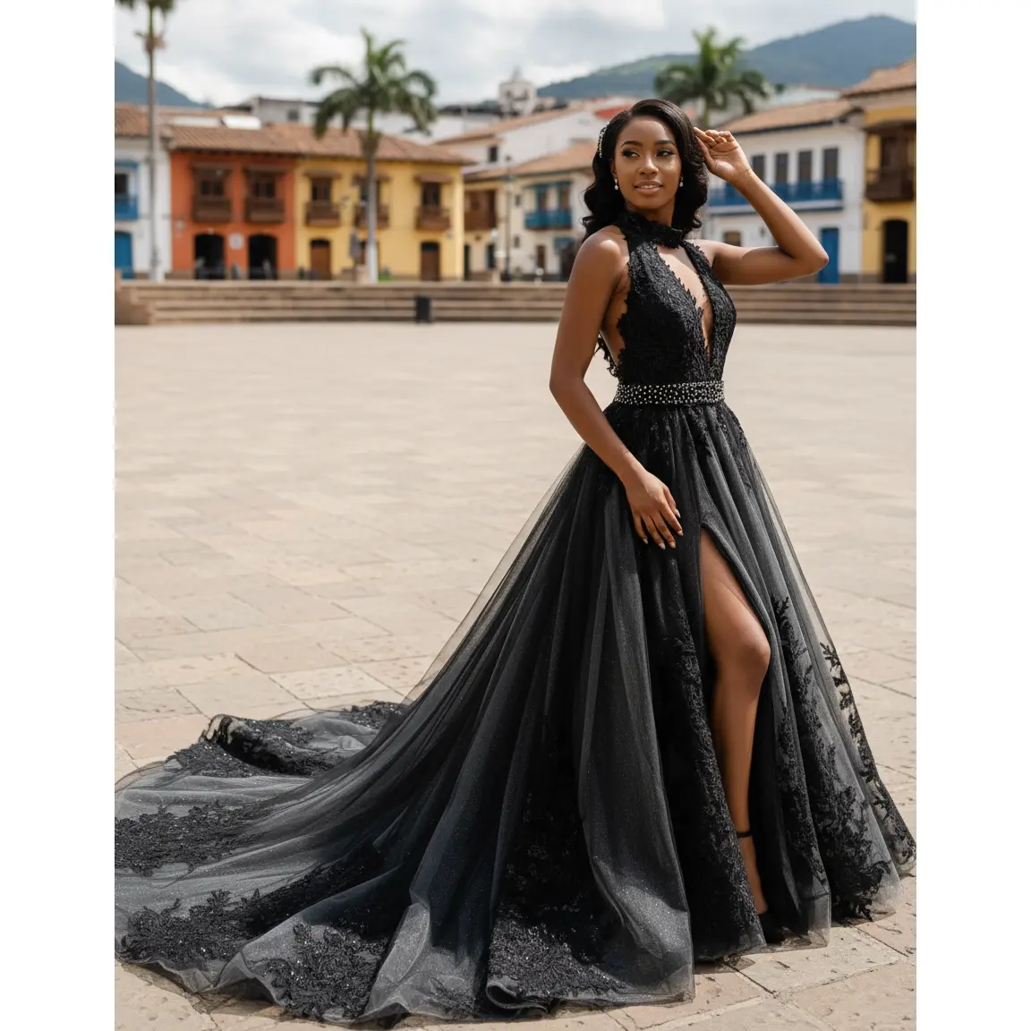 Ashley Black Wedding Dress With Halter Neck and Open Back , Custom Black Wedding Dress With Halter Neck, Black Wedding Dress with Slit