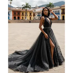 Ashley Black Wedding Dress With Halter Neck and Open Back , Custom Black Wedding Dress With Halter Neck, Black Wedding Dress with Slit