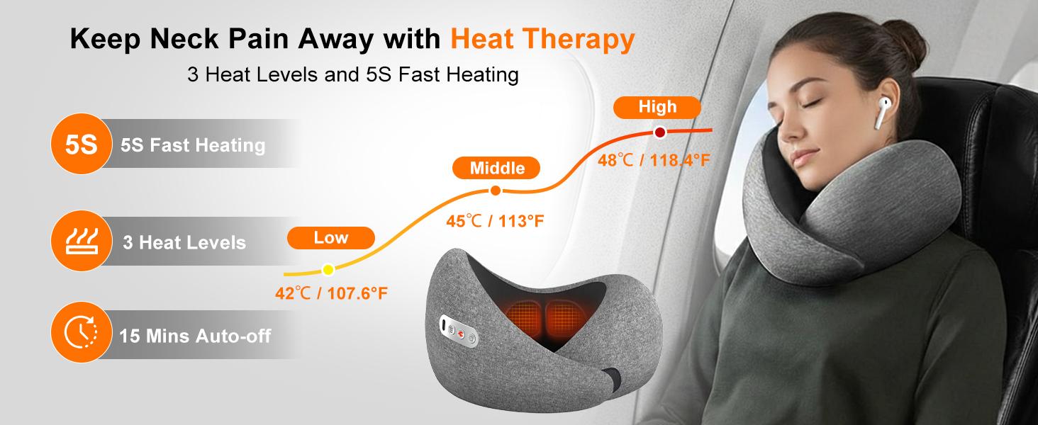 3-in-1 Heated Neck Massager, Ergonomic U-Shaped Memory Foam Travel Pillow for Muscle Recovery, Wireless Portable Cervical Support for Airplane & Office Neck Care