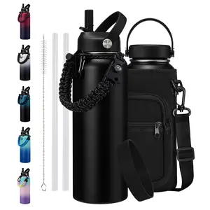 40oz Insualted Water Bottle - 40/64/128oz Leak Proof Stainless Steel Flask Water Bottles with Straw Flex Lid, Survival Paracord, Shoulder Carrier Bag, Metal Hydro Water Flask Mug Sports Hiking Cycling Work