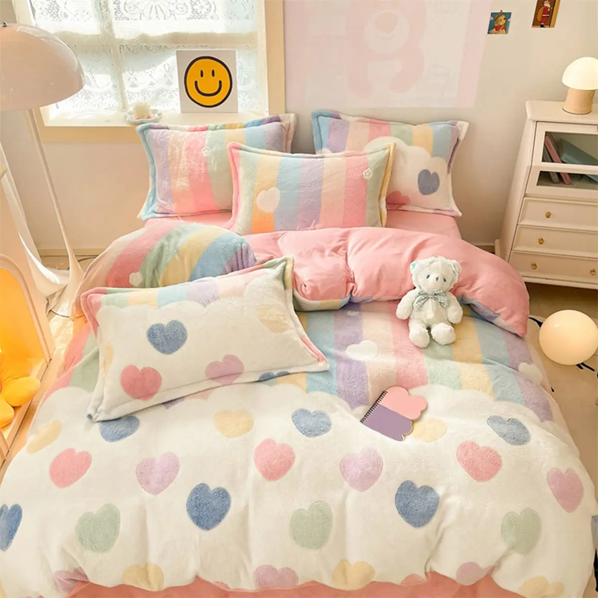 XL-Bedding Sets - Pink Rainbow Duvet Cover Set, Fluffy Comforter Covers, Blanket Ultra Soft, Cute for Girls, Kids, Toddler, Teen, Women
