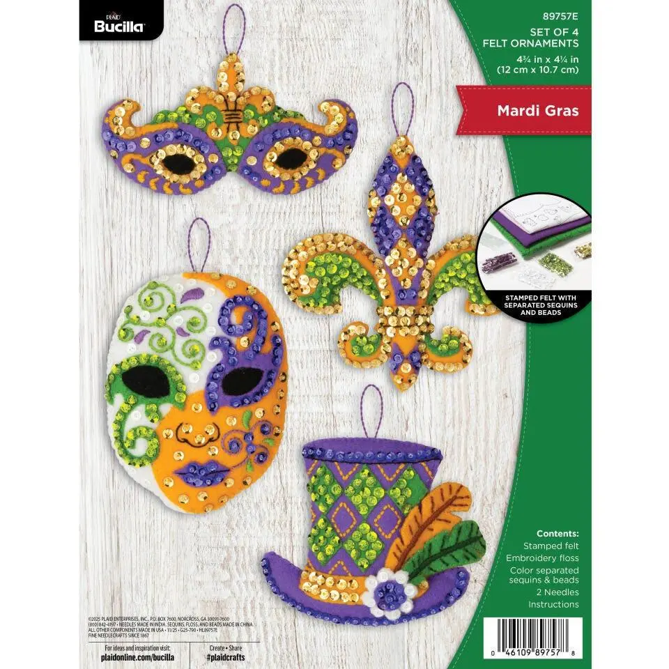 Bucilla® 89757E Classic Holiday Stamped Felt Ornament Kit, DIY Felt Craft for Tree Decor, Tree Mount Accessory for Mardi Gras Season