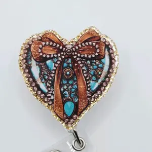 Western Turquoise Heart with Coquette Bow Glitter Acrylic Retractable Badge ID Reel Belt or Alligator Clip nurse doctor reels
