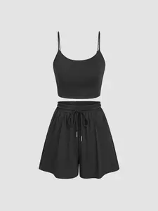 Cider U-neckline Crop Cami Top & Drawstring Wide Leg Shorts Set