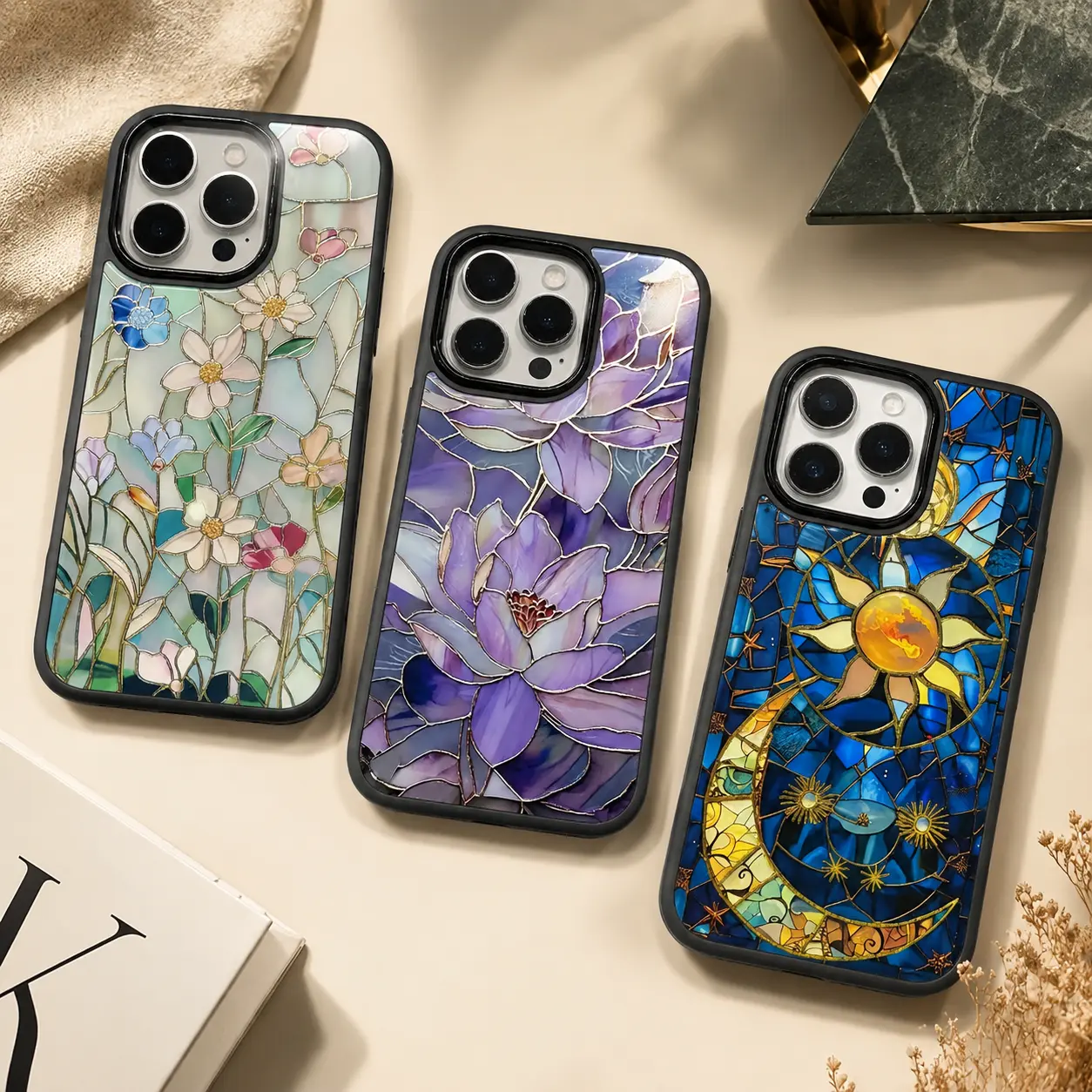 Stained Glass Art Flower Daisy iPhone Case, Women's Fashionable Lightweight Thin Cover with Raised Bezel, Protective Accessory Compatible with iPhone 17/16/15/14/13/12/11 Pro Max Plus Air Series, Flowers