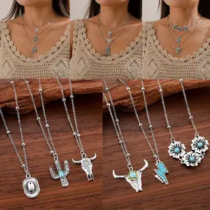 3PCS Retro Women Multi-layer Necklace Set Bohemian Ethnic Western Cowgirl Style Retro Bull Head Horseshoe Floral Cactus Pendant Chic Cow Head Hat Boots Turquoise Adjustable Necklace Set